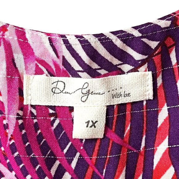 Palm Print Blouse Size 1X by Dear Grace Pink Purple Tropical 3/4 Sleeves VGUC - Picture 3 of 11